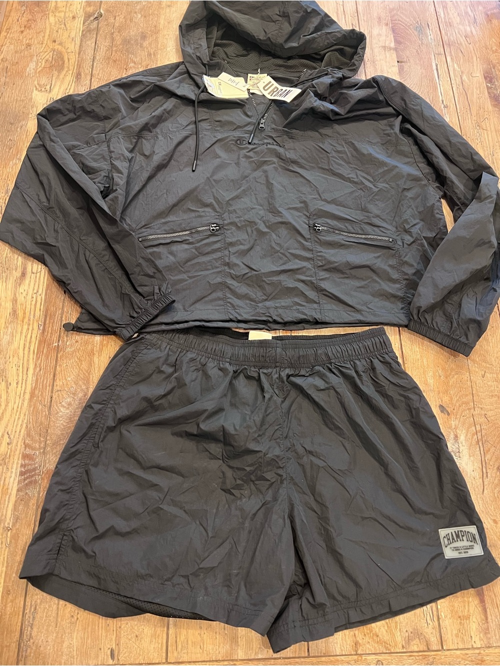 Champion Black 2-Piece Nylon Shorts Set L Hooded Zip Jacket Mesh Lined Logo